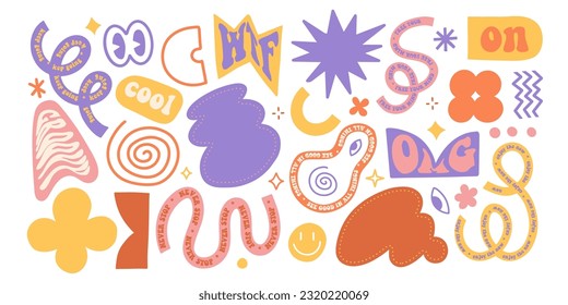 Naive playful hand drawn abstract shapes stickers set. 80-90s Groovy geometric shapes with typography in trendy retro style. Vector flat illustration with wavy elements. Brutalism aesthetic collection
