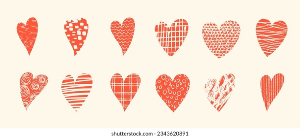Naive playful hearts with loop, drops, spots, curves, lines and waves. Hand drawn doodle elements. Vector illustration with wavy and spiral elements. Design elements for social media posts