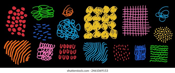 Naive playful line texture vector set. Bright colorful hand-drawn doodle patterns. Marker scribbles, circles, lines and hatches. Rough childish wood textures, isolated strokes, stripes, crosshatches