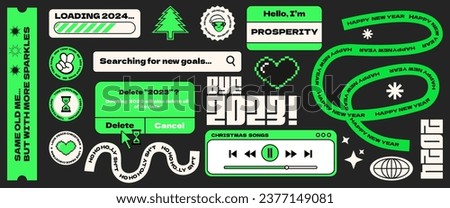 Naive playful New Year collection of patches, labels, tags, stickers and stamps. New year tree, Santa alien, bye 2023,notification windows. Retro funky hipster stickers. Brutalism aesthetic.Vector 