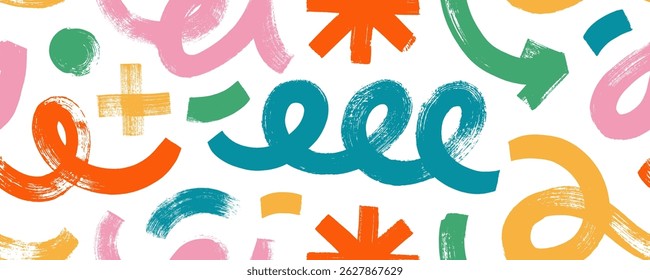 Naive playful seamless background with funky brush drawn shapes, squiggles and curly lines. Colorful childish seamless pattern with various quirky vector geometric shapes drawn by bold brush.