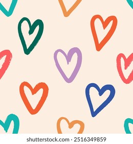 Padrão ingênuo brincalhão sem costura com corações de doodle. Contemporâneo colorido trendy fundo para crianças. Estilo boho moderno em um fundo bege.