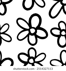 Naive playful seamless pattern set with doodle Daisy in Black and White colors. Contemporary minimalistic trendy background for kids. floral chamomile pattern in boho style.