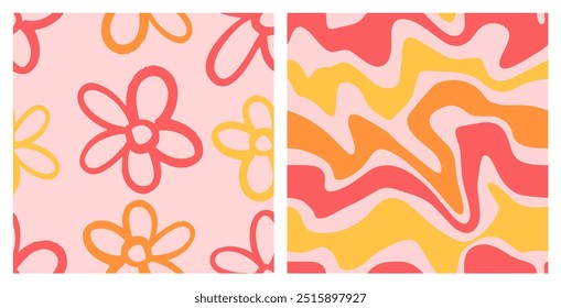 Padrão ingênuo brincalhão sem emenda definido com rabiscar Daisy e Wavy Swirl. Contemporâneo colorido fundos da moda para crianças em amarelo e vermelho cores. Estilo boho moderno em um fundo de pêssego.