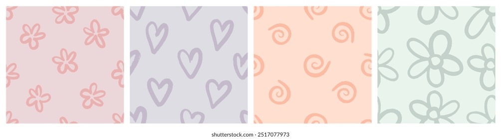 Naive playful seamless pattern set with doodle Hearts, Daisy and Squiggle. Contemporary minimalistic trendy backgrounds for kids in Pastel Tones. Contemporary design for wrapping paper and fabric.