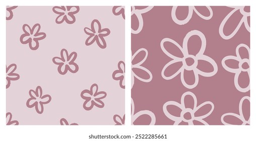 Naive playful seamless pattern set with doodle Daisy Flowers. Contemporary minimalistic trendy backgrounds for kids in Pink Tones. Floral chamomile design for wrapping paper, covers and fabric.