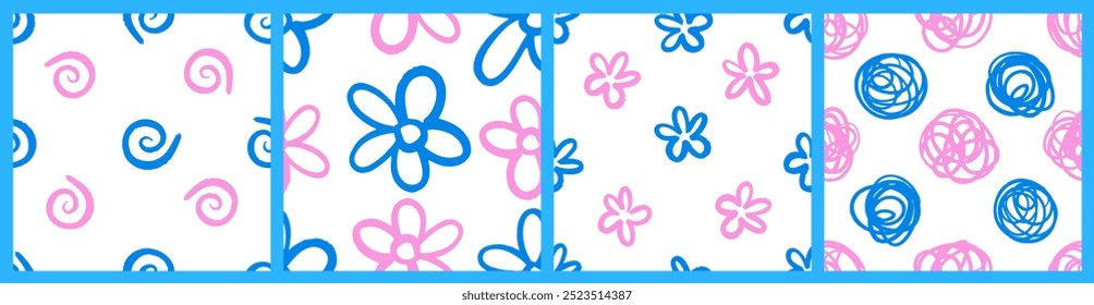 Naives, verspieltes, nahtloses Muster mit Doodle Daisy und Squiggles. Zeitgenössische minimalistische trendige Hintergründe für Kinder in den Farben Rosa und Blau. Trendy Boho-Stil auf weißem Hintergrund.