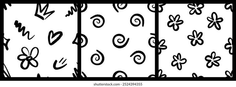Naive playful seamless pattern set with doodle Hearts, Smile, Daisy and Squiggle. Contemporary minimalistic backgrounds for kids in Black and white colors. Abstract hippie retro pattern in 70s style.