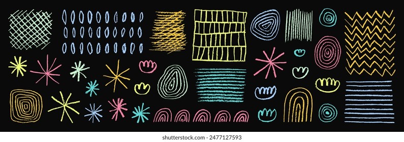 Naive playful shapes, crosshatches, chevron and line ornaments set. Chalk scribbles in pastel colors. Pastel doodle smears, scrawls, textures. Kids chalk doodles on blackboard. Vectorized line drawing