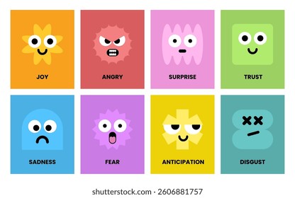 Naive Playful Simple Shapes with various Emotions, Vibrant color abstract for Mental health, Retro Geometric design. Neon Trendy Y2k stickers for psychology. Track emotions for Kids. Vector Flat