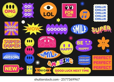 Naive playful stickers set in flat graphic design. Collection elements of groovy 90s simple patches with smile, omg, lol, good, vibes, wow, super, awesome, perfect, other text. Vector illustration.