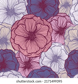 Naive poppy floral summer vector seamless pattern. Marker line texture blossom petals. Field poppy flower fabric print design. Awesome garden flower ornament. Scrapbook sample design.