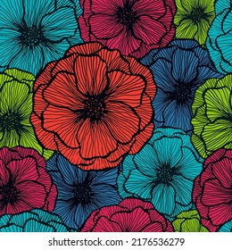 Naive poppy floral summer vector seamless pattern. Hand drawn line texture blossom petals. Field poppy flower fabric print design. Elegant garden flower ornament. Flat graphic illustration.