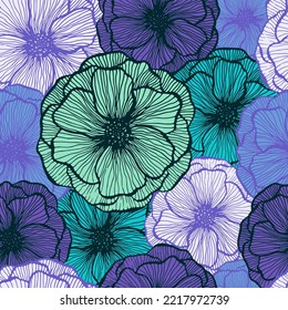Naive poppy floral summer vector seamless pattern. Marker line texture blossom petals. Field poppy flower textile print design. Beautiful garden flower ornament. Nature shape repeat backdrop.