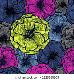 Naive poppy floral summer vector seamless pattern. Marker line texture blossom petals. Field poppy flower textile print design. Bouquet flower trendy ornament. Nature shape repeat backdrop.