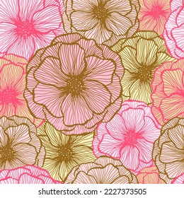 Naive poppy floral summer vector seamless pattern. Hand drawn line texture blossom petals. Field poppy flower textile print design. Bouquet flower unusual ornament. Flat graphic illustration.
