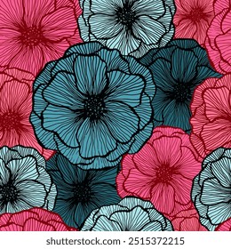 Naive poppy floral summer vector seamless pattern. Hand drawn line texture blossom petals. Field poppy flower fabric print design. Bouquet flower unusual ornament. Color fashion tissue print.