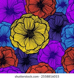 Naive poppy floral summer vector seamless pattern. Doodle line texture blossom petals. Field poppy flower wrapper print design. Bouquet flower amazing wallpaper. Nature shape repeat backdrop.