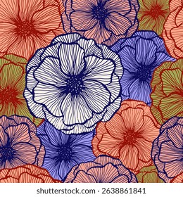 Naive poppy floral summer vector seamless pattern. Hand drawn line texture blossom petals. Field poppy flower wrapper print design. Awesome garden flower ornament. Nature shape repeat backdrop.