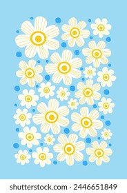 Naive retro hippie style collage flower poster. Abstract groovy vintage floral design. Daisy pattern in blue, white and yellow color. Vector illustration 