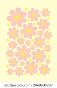 Naive retro hippie style collage flower poster. Abstract groovy vintage floral design. Daisy pattern in pink and yellow pastel color. Vector illustration