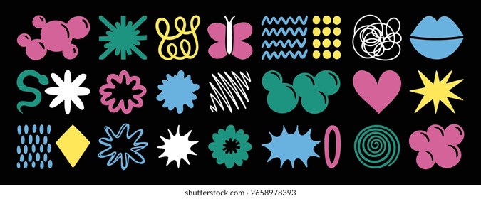Naive retro playful abstract shapes sticker set. Abstract trendy shapes 90s 00s style. wavy and spiral elements. Vector illustration