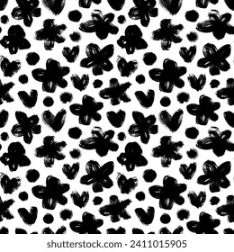 Flores, puntos y corazones rústicos sin costura. Flores naif de pincel dibujadas en estilo grunge. Papel mural de tinta botánica dibujado a mano. Los niños tienen estilo de fondo de doodle floral. Ilustración de tinta vectorial.