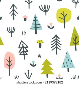 Naive scandinavian forest pattern. Seamless doodle baby print for fabric, textile, nursery, apparel.