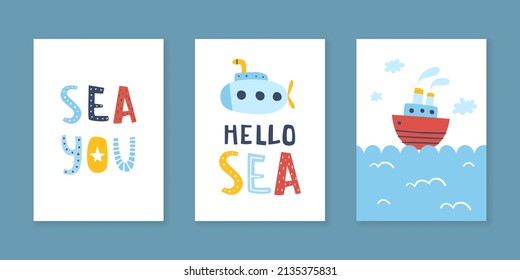 Naive sea posters set for nursery. Nautical prints collection for kids. Marine art bundle with ships and lettering.