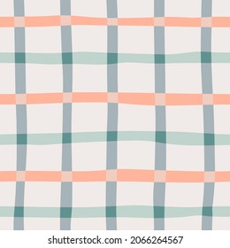 Naive seamless checkered doodle style pattern in natural colors on a light background. Creative minimalistic trendy boho background design for kids. Abstract childish trendy gingham plaid.