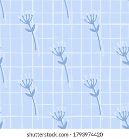 Patrón de doodle sin fisuras con figuras abstractas de ramas de flores. Fondo azul con cheque blanco. Perfecto para papel pintado, papel envolvente, papel textil, tela. Ilustración vectorial.