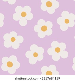 Naive seamless floral boho pattern with white daisies on a violet background in doodle style. Сute contemporary minimalistic trendy boho background design for kids. Scandinavian nursery print