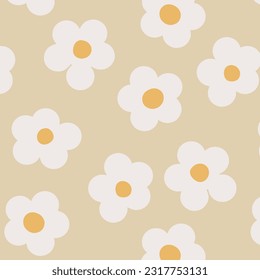 Naive seamless floral boho pattern with white daisies on a light background in doodle style. Сute contemporary minimalistic trendy boho background design for kids. Scandinavian nursery print