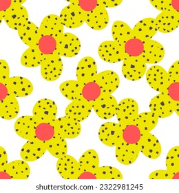 Naive seamless floral boho pattern with flowers on a white background in doodle style. Retro floral background surface design, textile, Scandinavian nursery print. Сute minimalistic  back