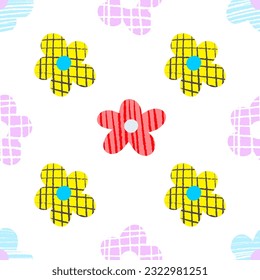 Naive seamless floral boho pattern with flowers on a white background in doodle style. Retro floral background surface design, textile, Scandinavian nursery print. Сute minimalistic  back