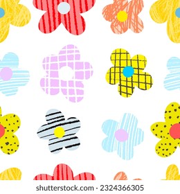 Naive seamless floral boho pattern with flowers on a white background in doodle style. Retro floral background surface design, textile, Scandinavian nursery print. Сute minimalistic  back