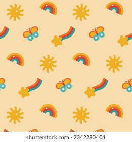 Naive nahtlose florale Bohustenmuster mit Sonne, Regenbogen und Schießstar. Cute Retro-minimalistisch-schicke boho-Stil Hintergrund-Design für Kinder.
