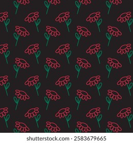 Naive seamless floral boho pattern with daisies on a plain background in doodle style. Сute contemporary minimalistic trendy boho background design for kids. Scandinavian nursery print
