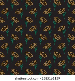 Naive seamless floral boho pattern with daisies on a plain background in doodle style. Сute contemporary minimalistic trendy boho background design for kids. Scandinavian nursery print

