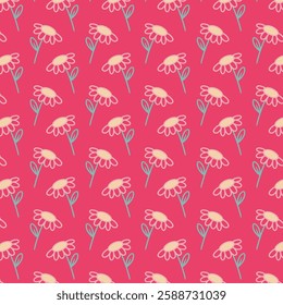 Naive seamless floral boho pattern with daisies on a plain background in doodle style. Сute contemporary minimalistic trendy boho background design for kids. Scandinavian nursery print
