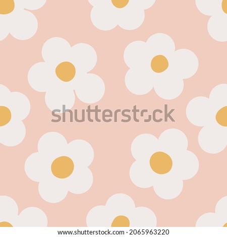 Naive seamless floral boho pattern with white daisies on a peach background in doodle style. Сute contemporary minimalistic trendy boho background design for kids. Scandinavian nursery print 