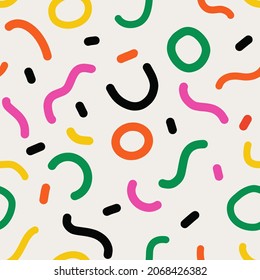 Naive seamless pattern with abstract figures and shapes in vibrant rainbow colours. Bright minimalistic Contemporary graphic bauhaus design. Abstract modern trendy background.