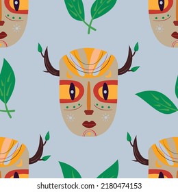 Naive Seamless Pattern With African Totem Mask. Vector Background