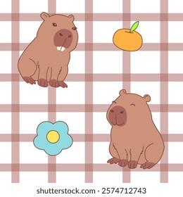Naive seamless pattern with capybaras, flowers, tangerine, cage in natural colors.  Modern minimalistic fashionable backgrounds for kids. Textiles, wrapping paper, wallpaper design. Vector
