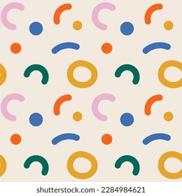 Naive seamless pattern with crazy colorful doodle lines on beige background. Creative minimalistic trendy cover design for kids. Simple childish scribble backdrop. Memphis style vector illustration.