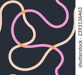 Naive seamless squiggle pattern with bright pink and beige wavy lines on a dark background. Creative abstract squiggle style drawing background