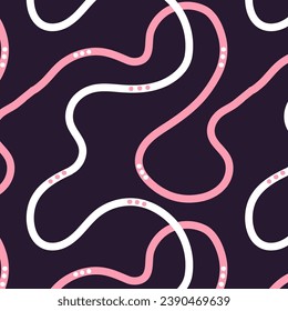 Naive seamless squiggle pattern with bright pink and white wavy lines on a dark background. Creative abstract squiggle style drawing background