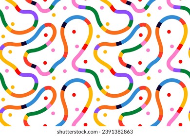 Naive seamless squiggle pattern with bright hand drawn lines and dots on a light background. Creative abstract squiggle style drawing background. Abstract print