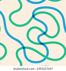 Naive seamless squiggle pattern with brightgreen and blue wavy lines on a light background. Creative abstract squiggle style drawing background