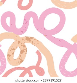 Naive seamless squiggle pattern with textured pastel pink and beige wavy lines on a light background. Creative abstract squiggle style drawing background